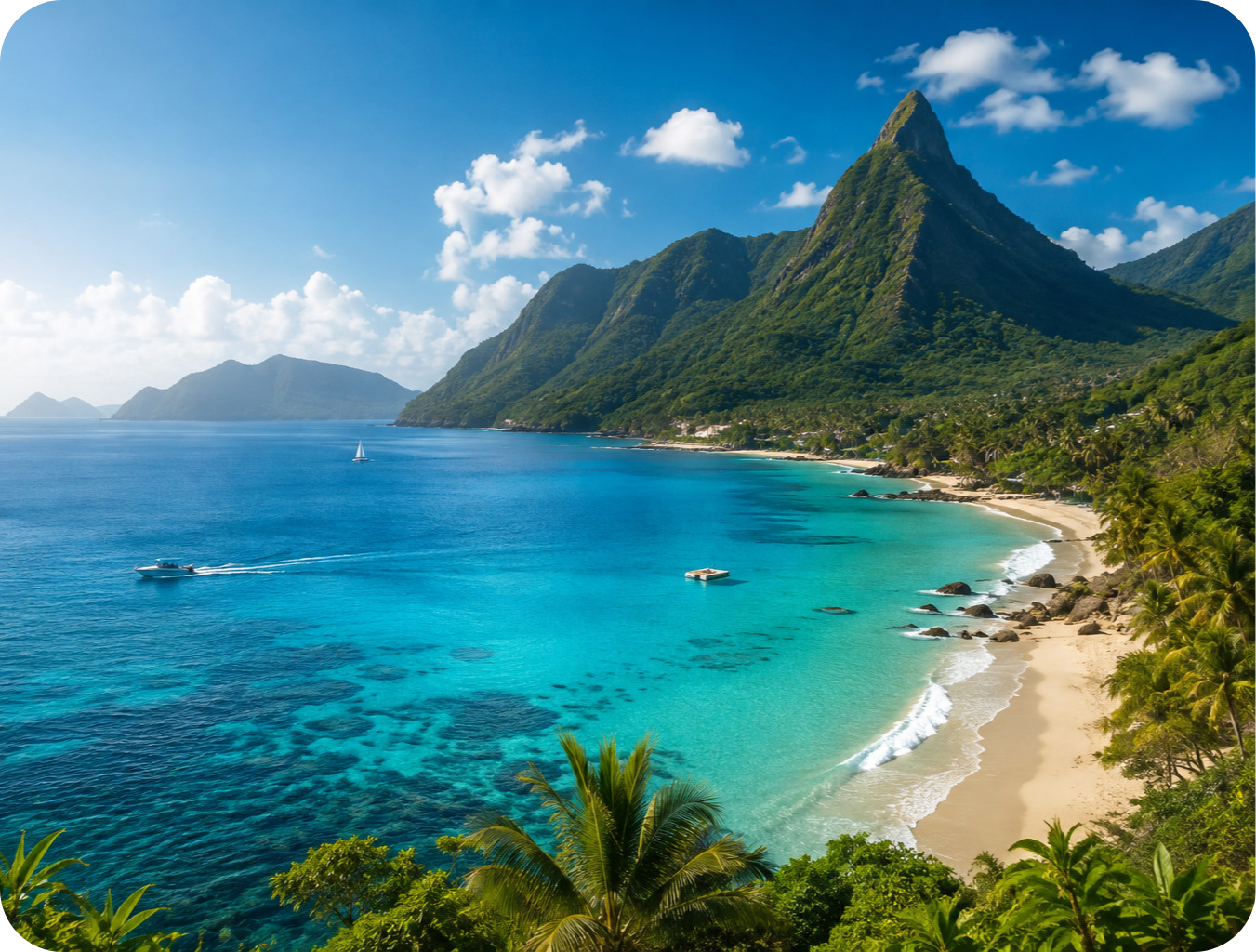 Tropical travel destination with mountains, beach and airplane